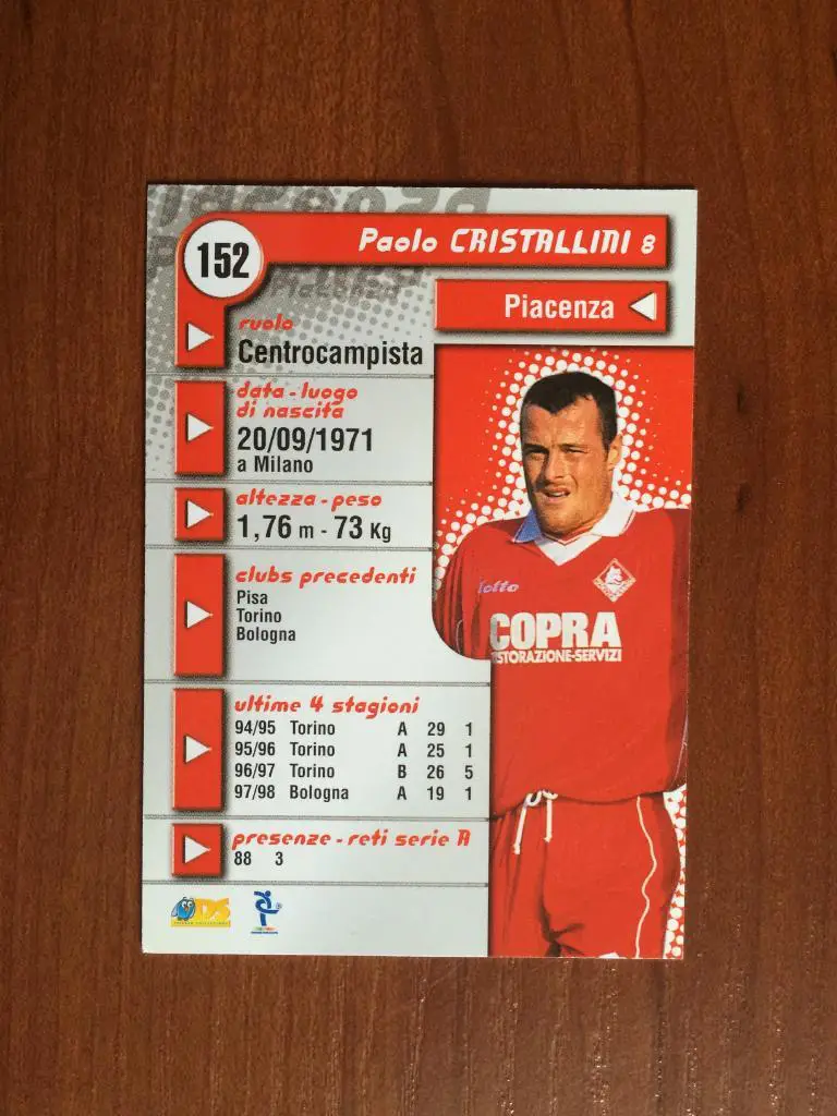 Карточка Paolo Cristallini Piacenza серия DS Pianeta Calcio 1998-1999 № 152 1