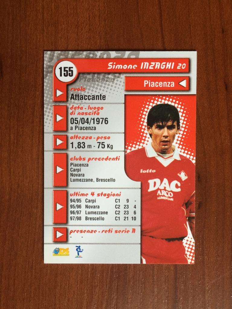 Карточка Simone Inzaghi Piacenza серия DS Pianeta Calcio 1998-1999 № 155 1