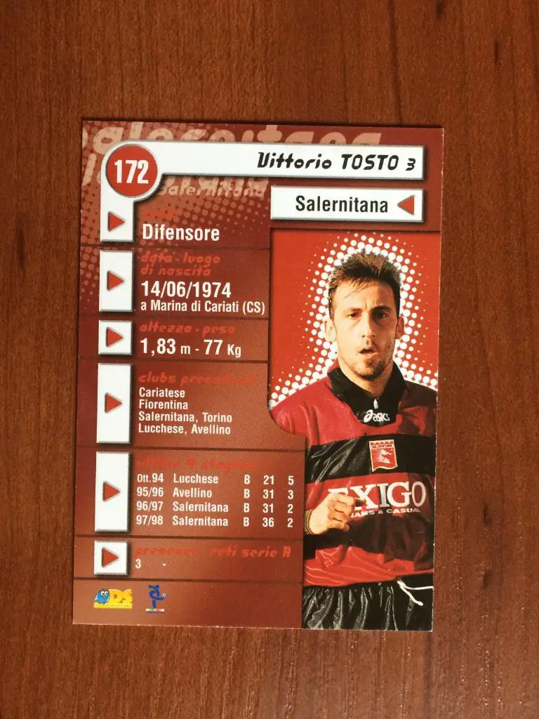 Карточка Vittorio Tosto Salernitana серия DS Pianeta Calcio 1998-1999 № 172 1