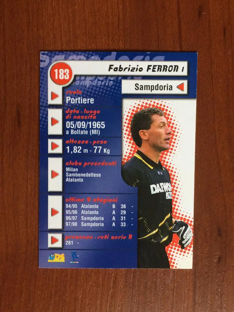 Карточка Fabrizio Ferron Sampdoria серия DS Pianeta Calcio 1998-1999 № 183 1