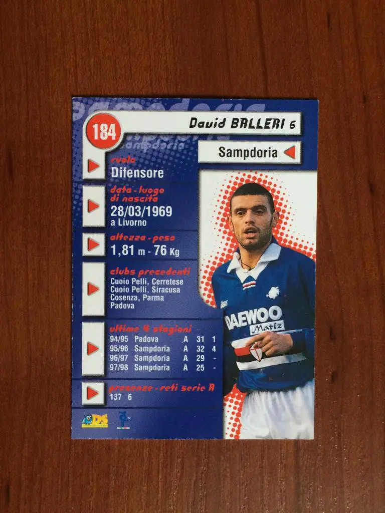 Карточка David Balleri Sampdoria серия DS Pianeta Calcio 1998-1999 № 184 1