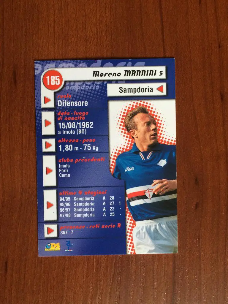 Карточка Moreno Mannini Sampdoria серия DS Pianeta Calcio 1998-1999 № 185 1
