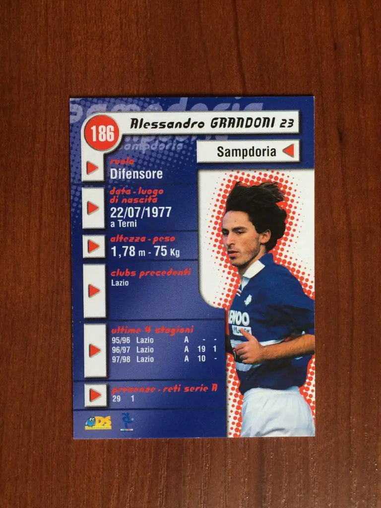 Карточка Alessandro Grandoni Sampdoria серия DS Pianeta Calcio 1998-1999 № 186 1