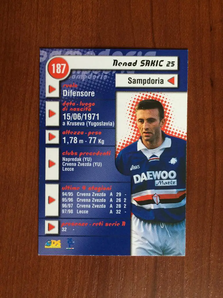 Карточка Nenad Sakic Sampdoria серия DS Pianeta Calcio 1998-1999 № 187 1