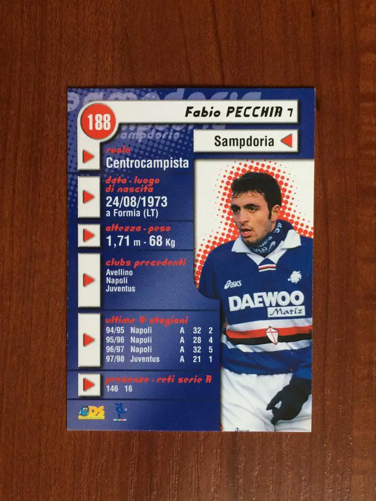 Карточка Fabio Pecchia Sampdoria серия DS Pianeta Calcio 1998-1999 № 188 1