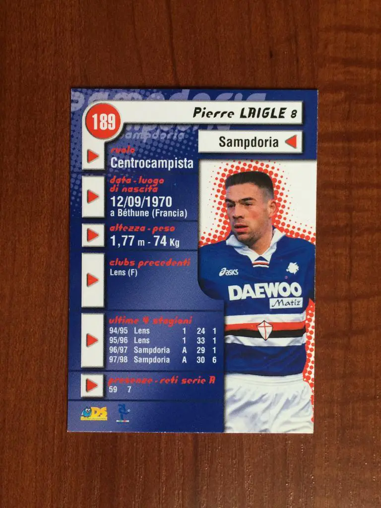 Карточка Pierre Laigle Sampdoria серия DS Pianeta Calcio 1998-1999 № 189 1