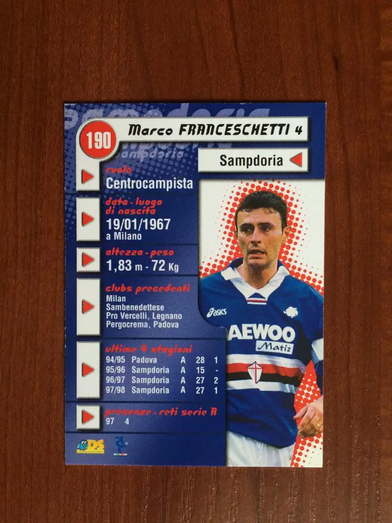 Карточка Marco Franceschetti Sampdoria серия DS Pianeta Calcio 1998-1999 № 190 1