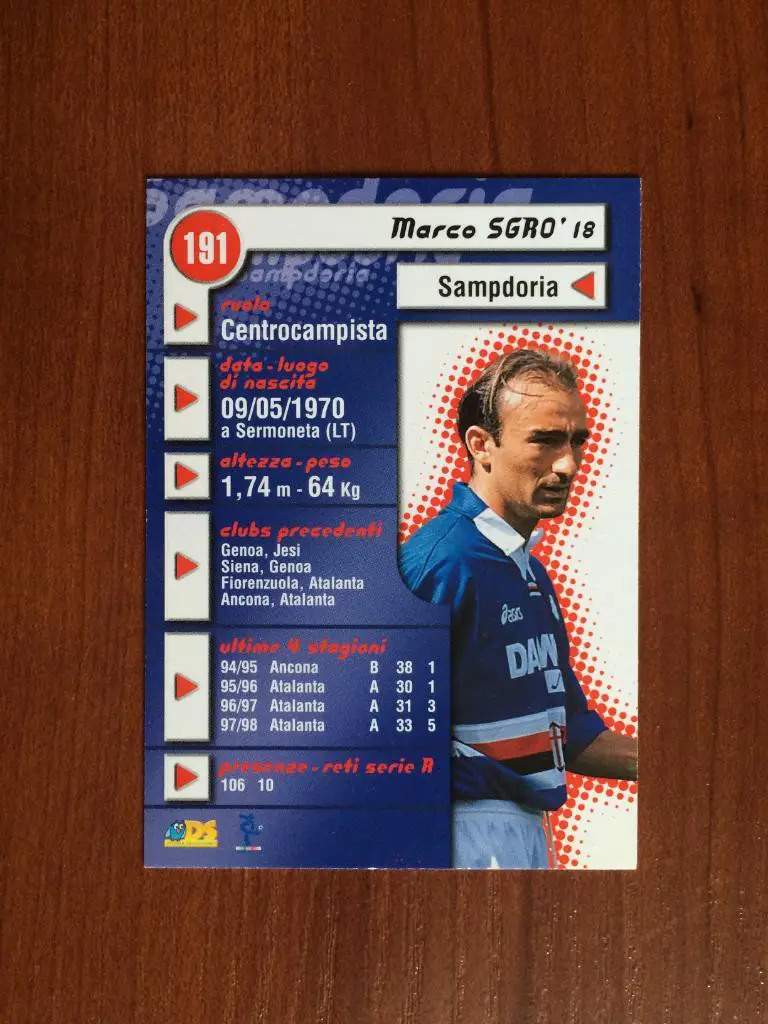 Карточка Marco Sgro Sampdoria серия DS Pianeta Calcio 1998-1999 № 191 1