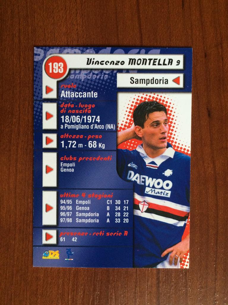 Карточка Vincenzo Montella Sampdoria серия DS Pianeta Calcio 1998-1999 № 193 1