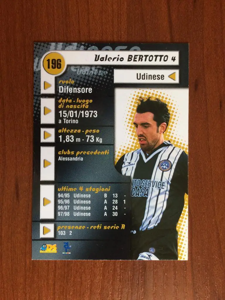 Карточка Valerio Bertotto Udinese серия DS Pianeta Calcio 1998-1999 № 196 1
