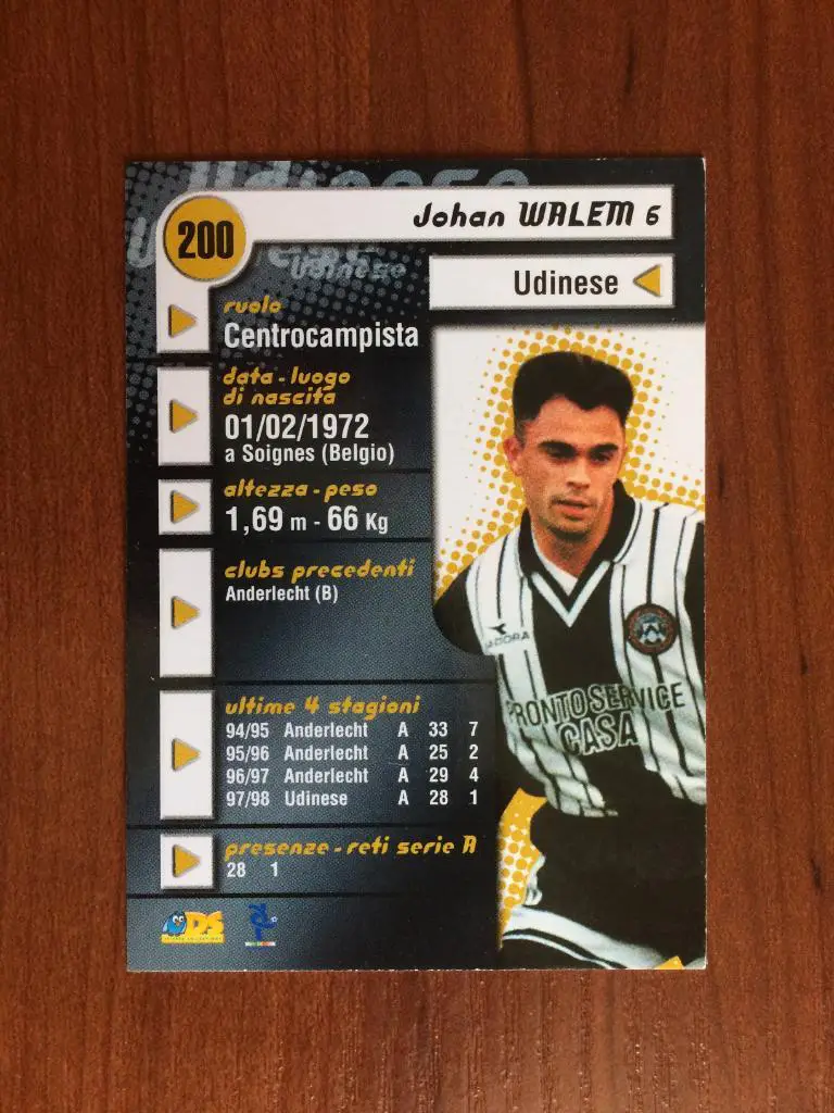 Карточка Johan Walem Udinese серия DS Pianeta Calcio 1998-1999 № 200 1