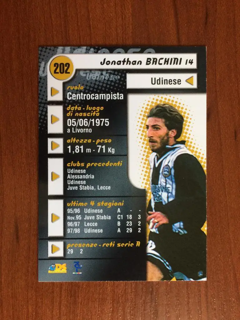 Карточка Jonathan Bachini Udinese серия DS Pianeta Calcio 1998-1999 № 202 1