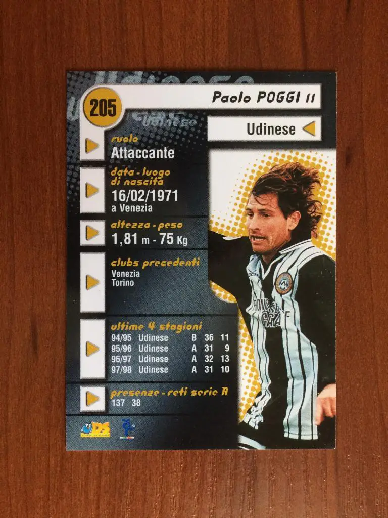 Карточка Paolo Poggi Udinese серия DS Pianeta Calcio 1998-1999 № 205 1