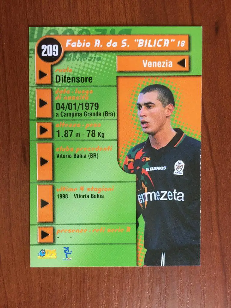 Карточка Bilica Venezia серия DS Pianeta Calcio 1998-1999 № 209 1
