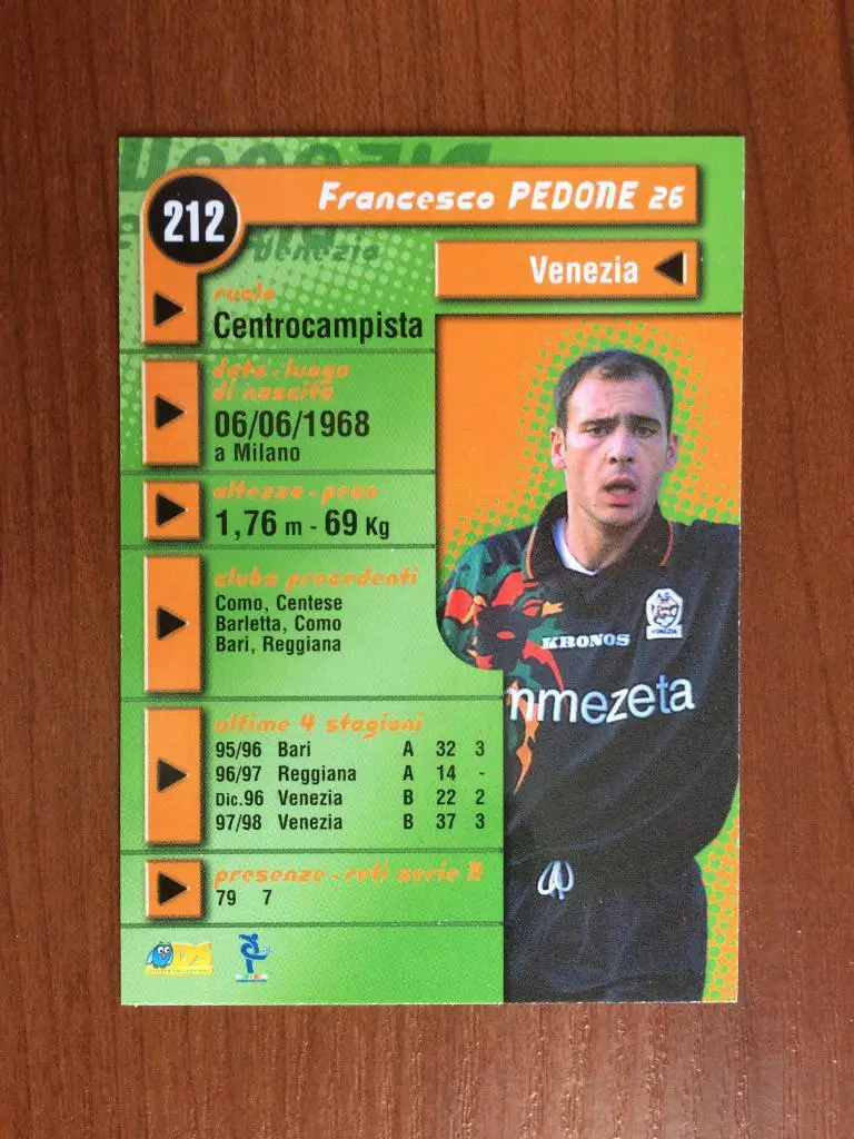 Карточка Francesco Pedone Venezia серия DS Pianeta Calcio 1998-1999 № 212 1