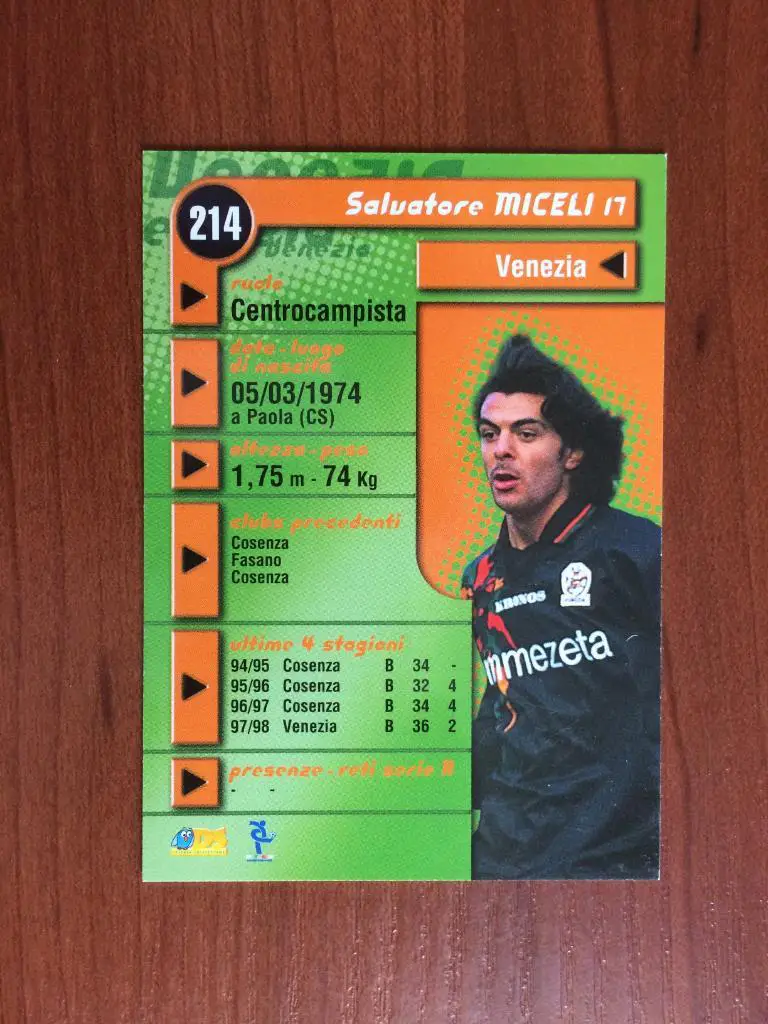 Карточка Salvatore Miceli Venezia серия DS Pianeta Calcio 1998-1999 № 214 1