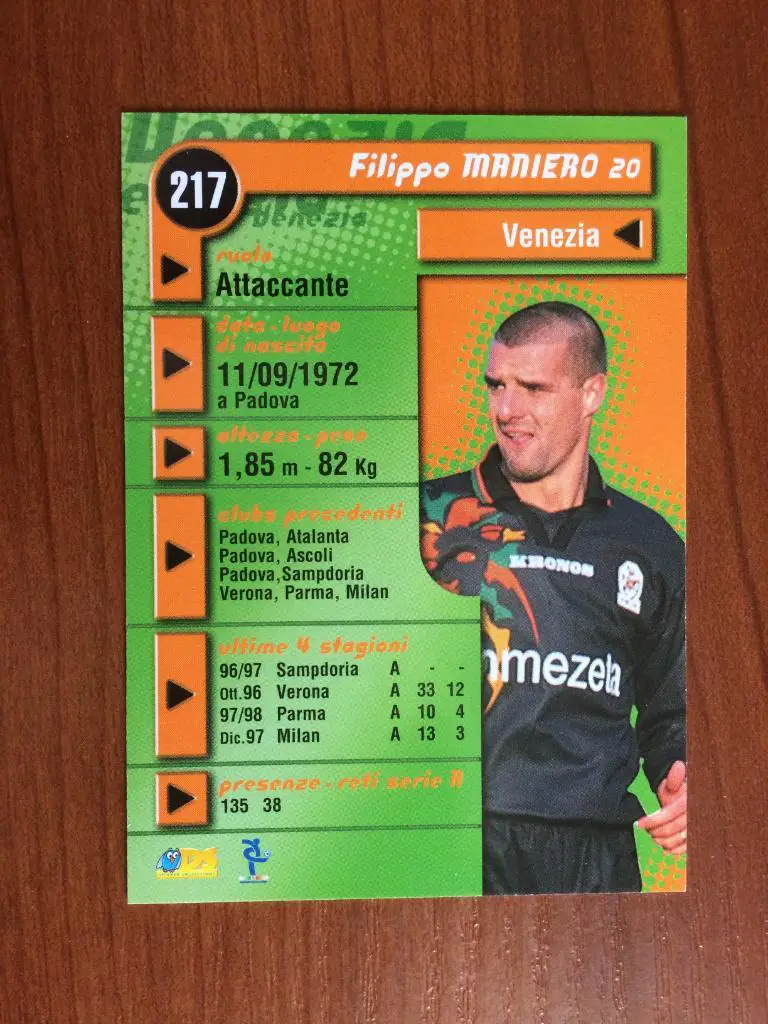 Карточка Filippo Maniero Venezia серия DS Pianeta Calcio 1998-1999 № 217 1