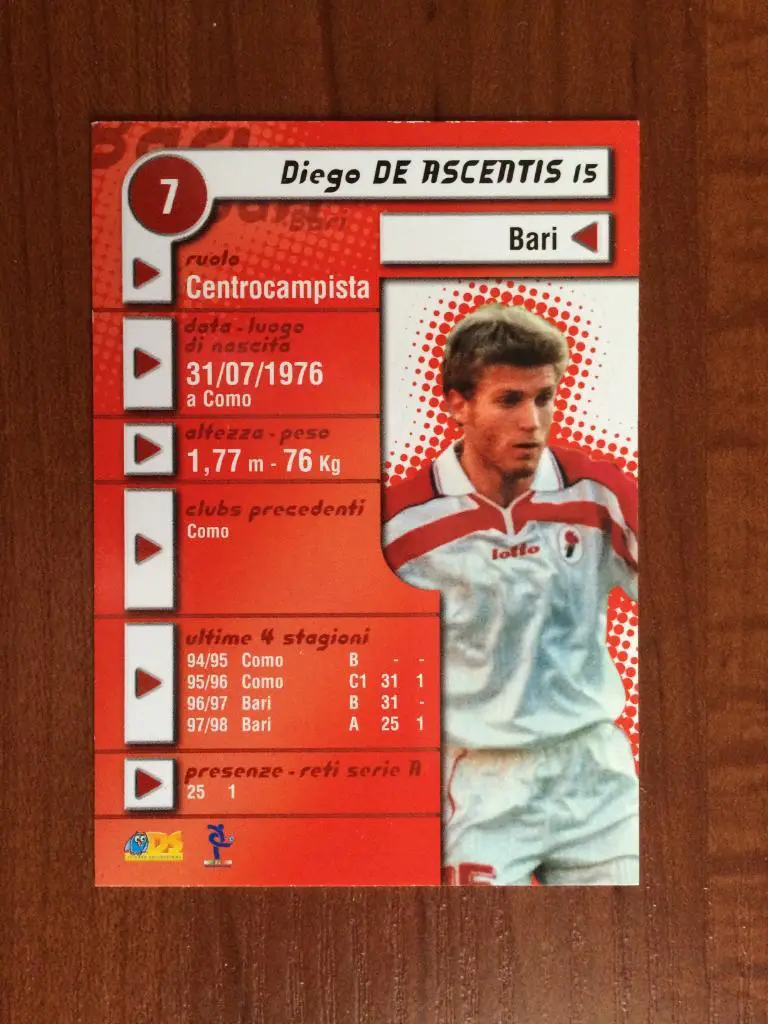 Карточка Diego De Ascentis Bari серия DS Pianeta Calcio 1998-1999 № 7 1
