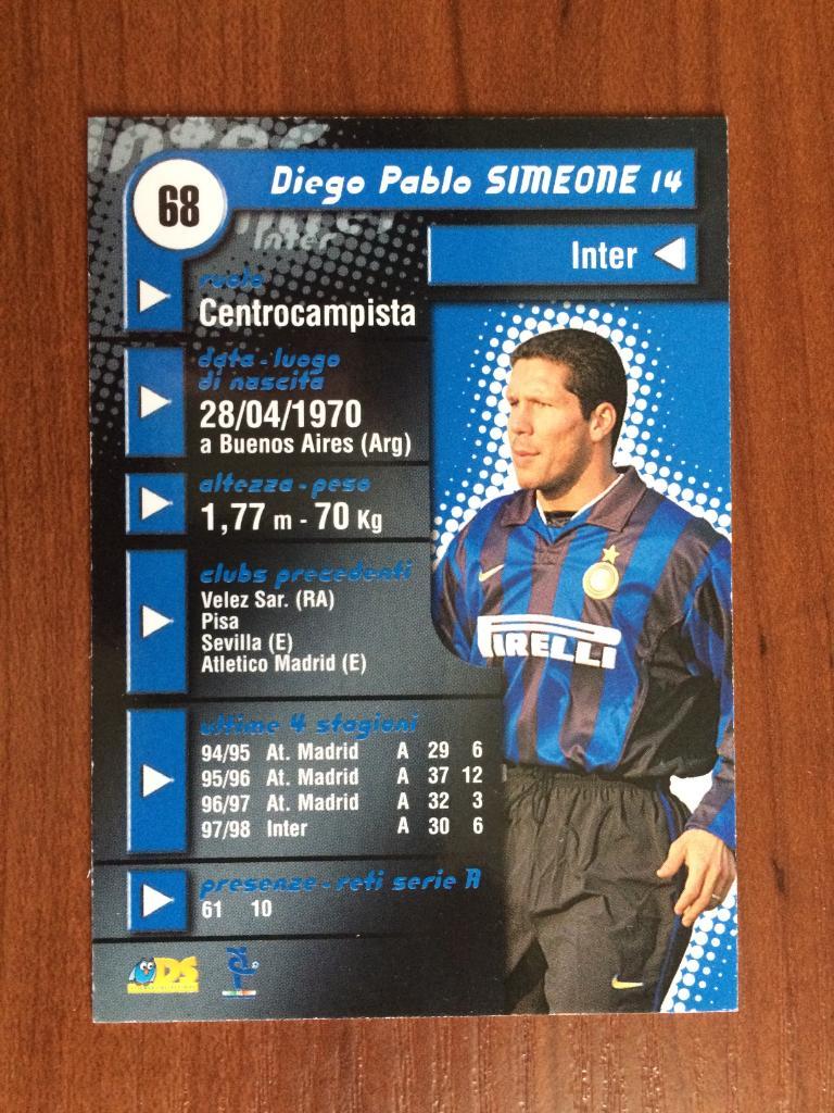 Карточка Diego Simeone Inter серия DS Pianeta Calcio 1998-1999 № 68 1
