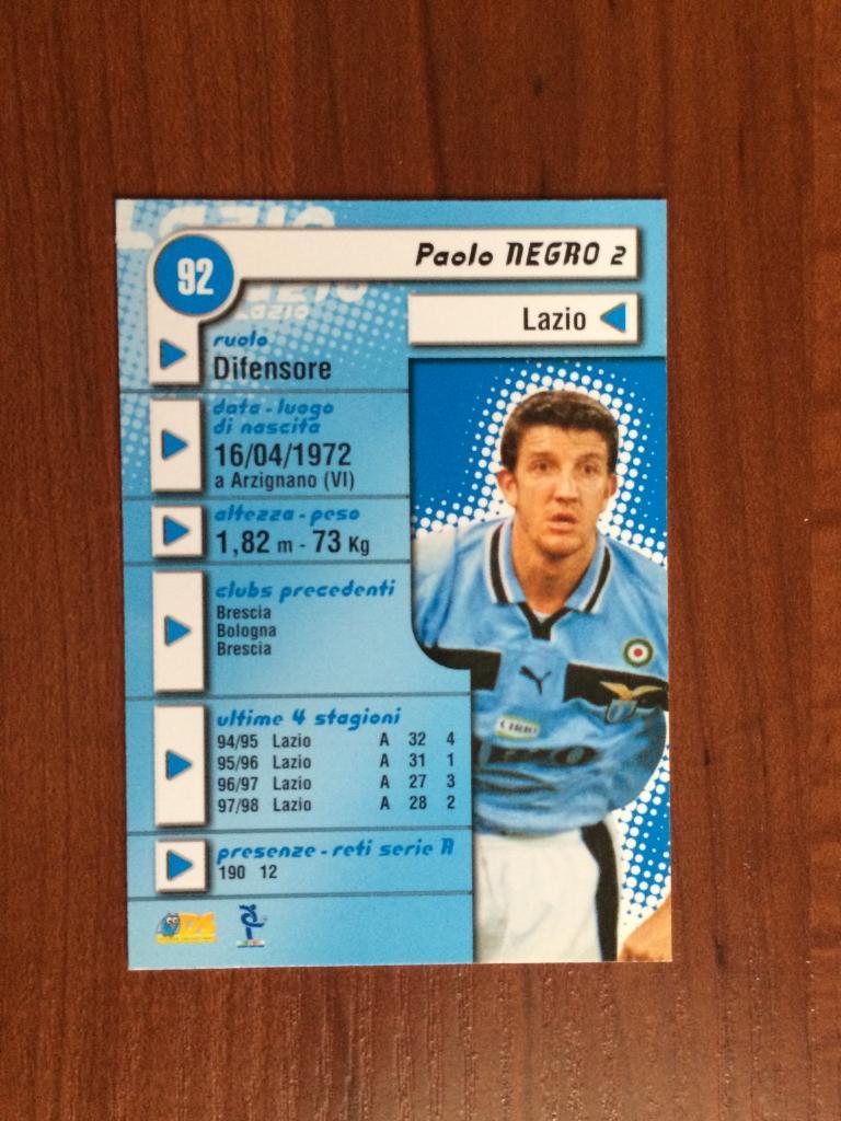 Карточка Paolo Negro Lazio серия DS Pianeta Calcio 1998-1999 № 92 1