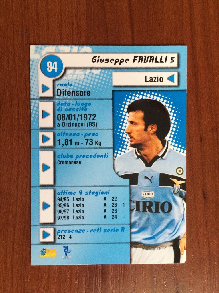 Карточка Giuseppe Favalli Lazio серия DS Pianeta Calcio 1998-1999 № 94 1