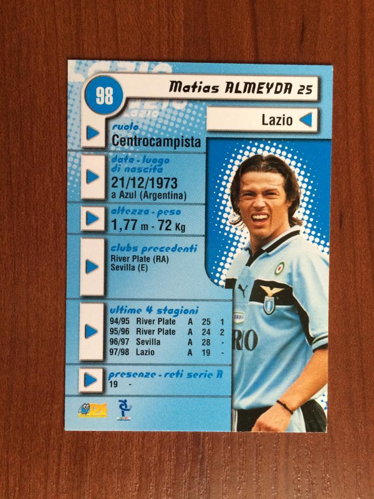 Карточка Matias Almeyda Lazio серия DS Pianeta Calcio 1998-1999 № 98 1