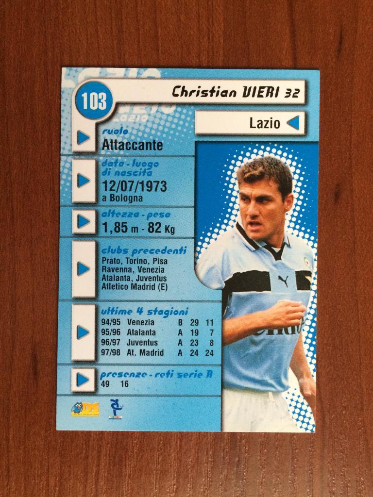 Карточка Christian Vieri Lazio серия DS Pianeta Calcio 1998-1999 № 103 1