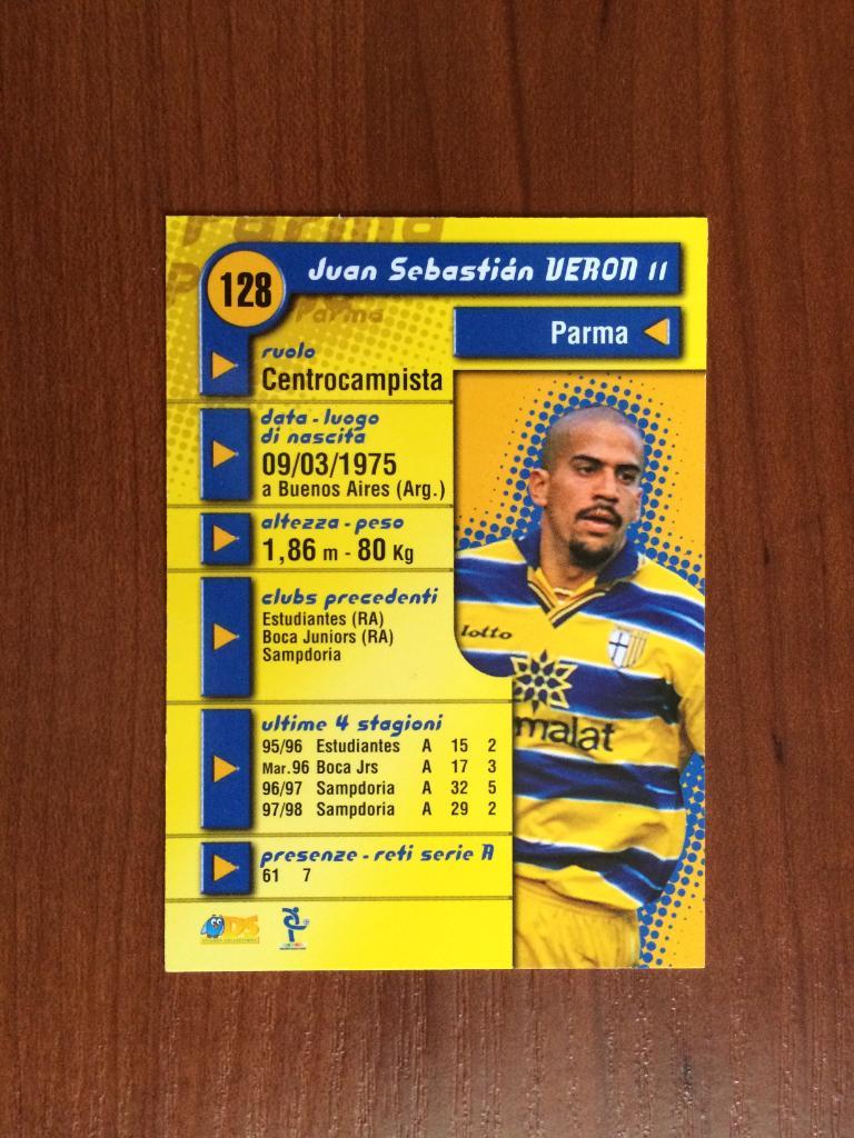 Карточка Juan Sebastian Veron Parma серия DS Pianeta Calcio 1998-1999 № 128 1