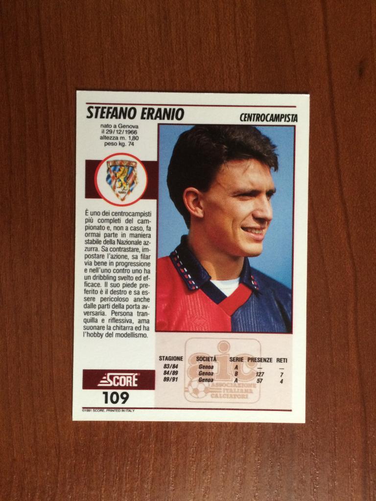 Карточка SCORE Italian League 1992 Stefano Eranio № 109 1