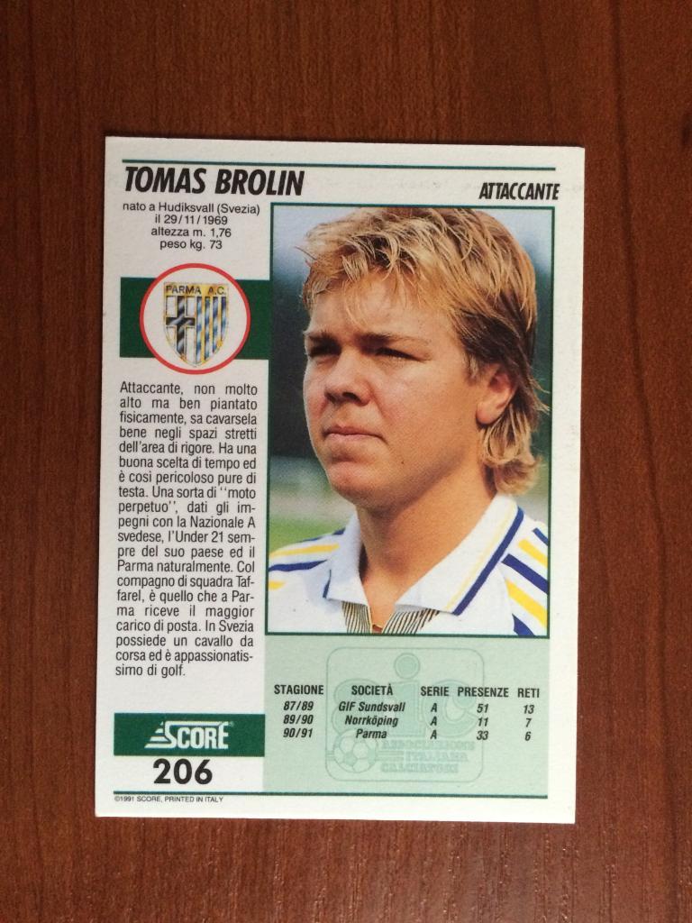Карточка SCORE Italian League 1992 Tomas Brolin № 206 1