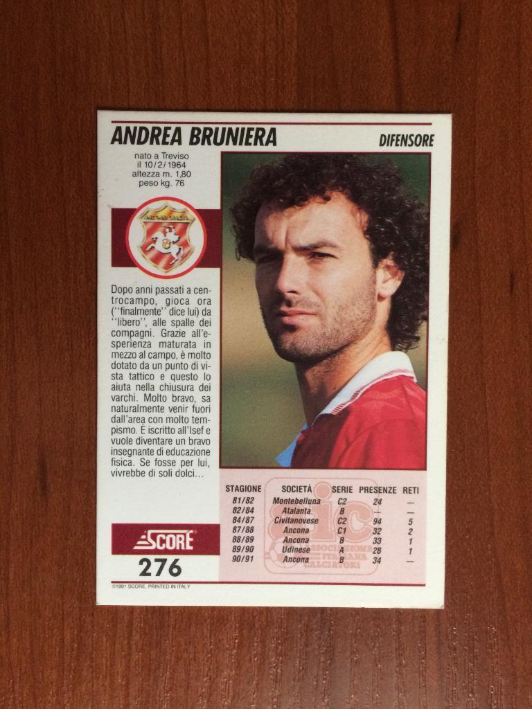 Карточка SCORE Italian League 1992 Andrea Bruniera № 276 1