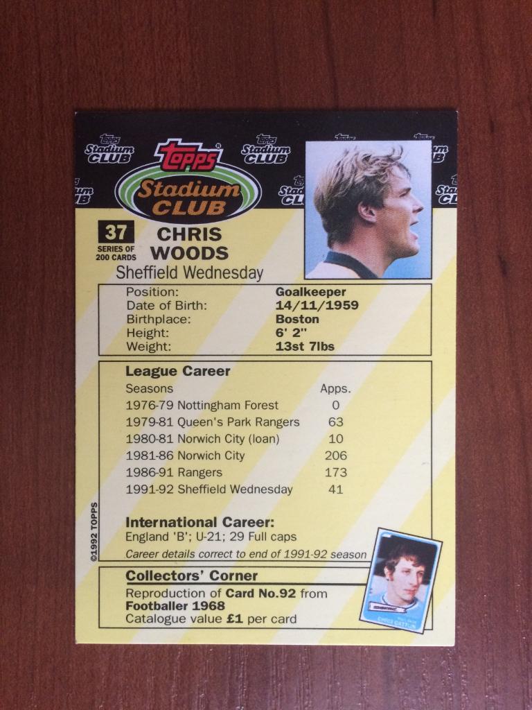 Карточка Topps Stadium Club 1992 Chris Woods № 37 1