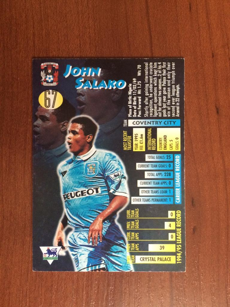 Карточка MERLIN Ultimate Premier League 1995-96 John Salako № 67 1