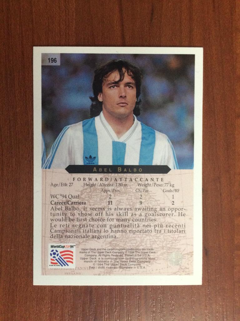 Карточка Upper Deck World Cup USA 1994 Abel Balbo № 196 1