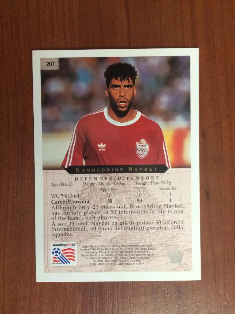 Карточка Upper Deck World Cup USA 1994 Noureddine Naybet № 207 1