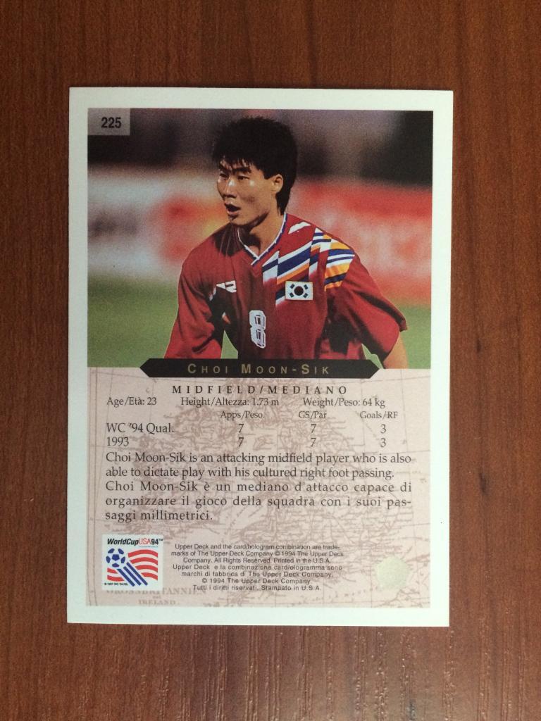 Карточка Upper Deck World Cup USA 1994 Choi Moon-Sik № 225 1