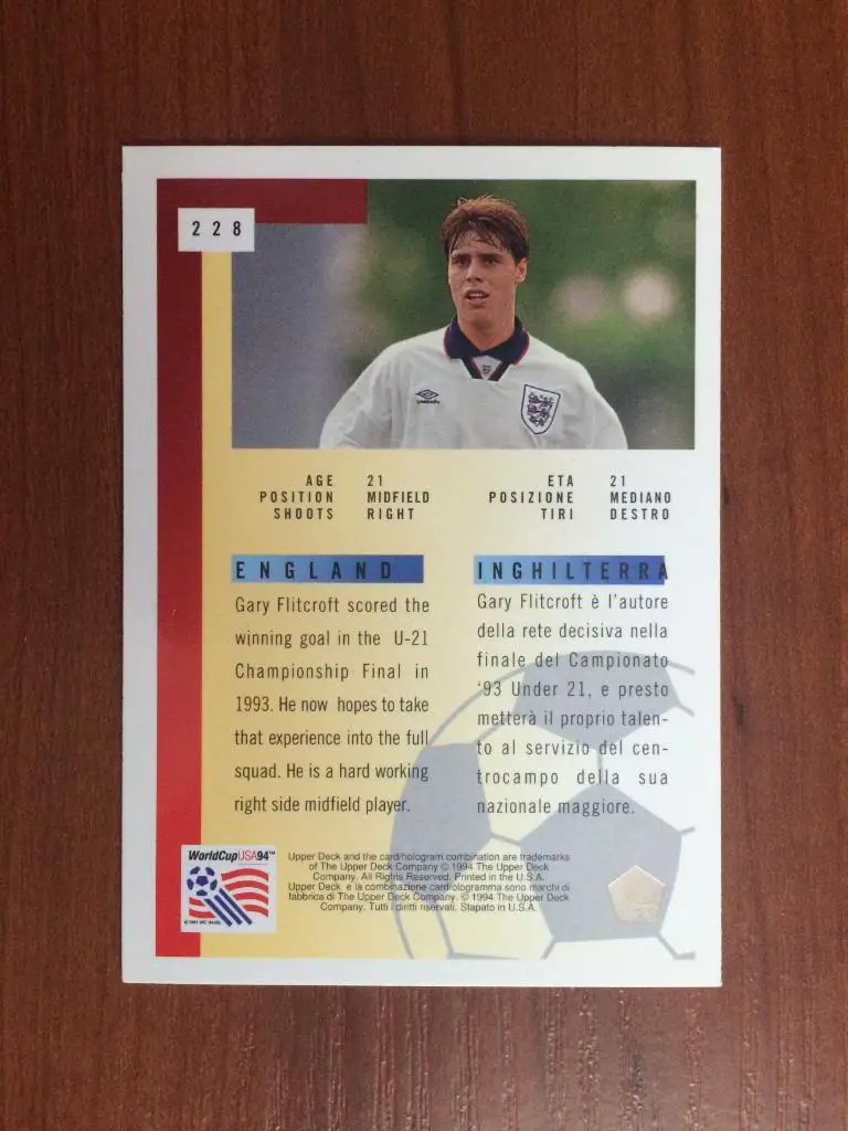 Карточка Upper Deck World Cup USA 1994 Gary Flitcroft № 228 1