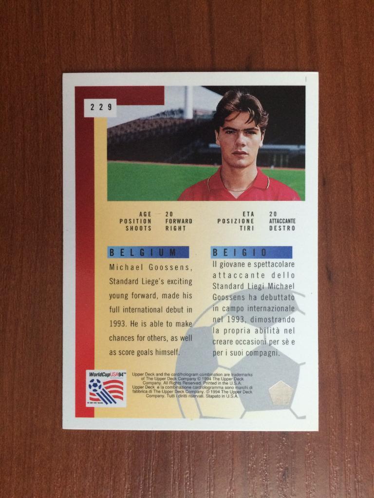 Карточка Upper Deck World Cup USA 1994 Michael Goossens № 229 1