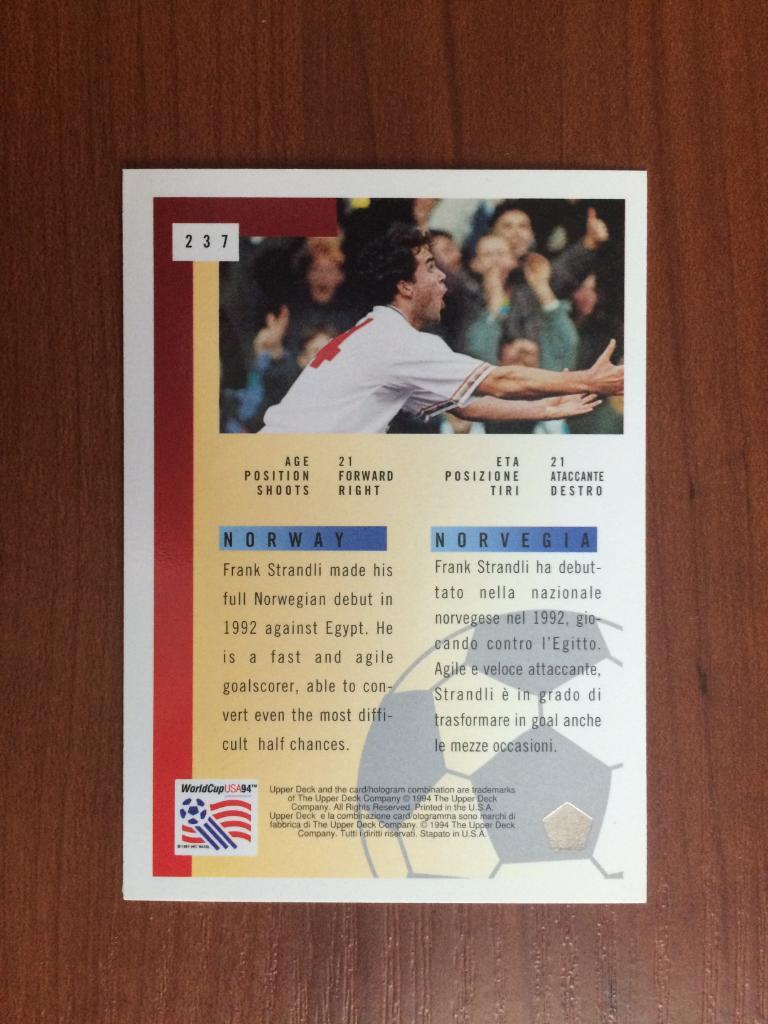 Карточка Upper Deck World Cup USA 1994 Frank Strandli № 237 1
