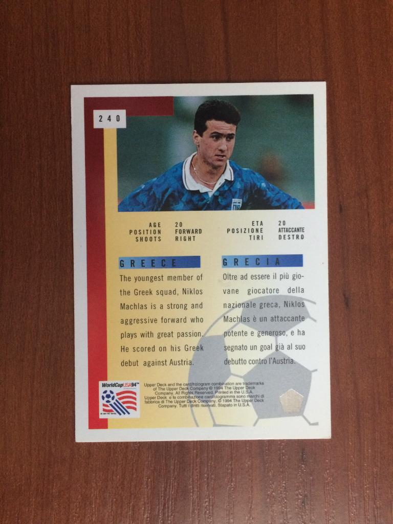Карточка Upper Deck World Cup USA 1994 Nikolaos Machlas № 240 1