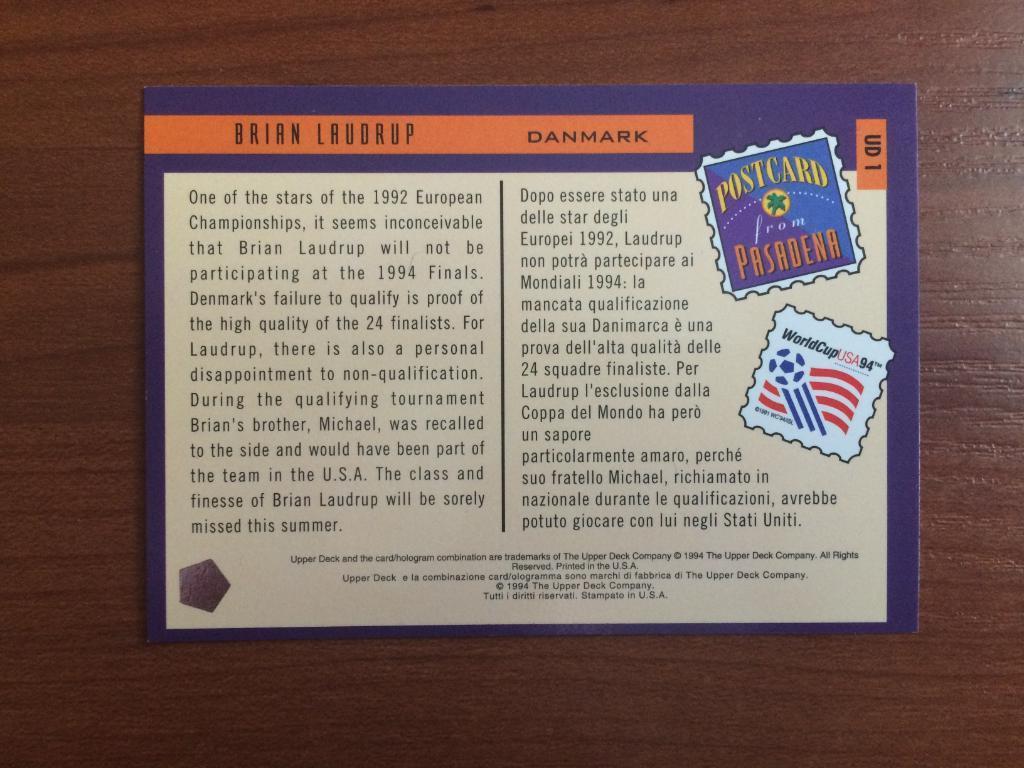 Карточка Upper Deck World Cup USA 1994 Brian Laudrup № UD1 1