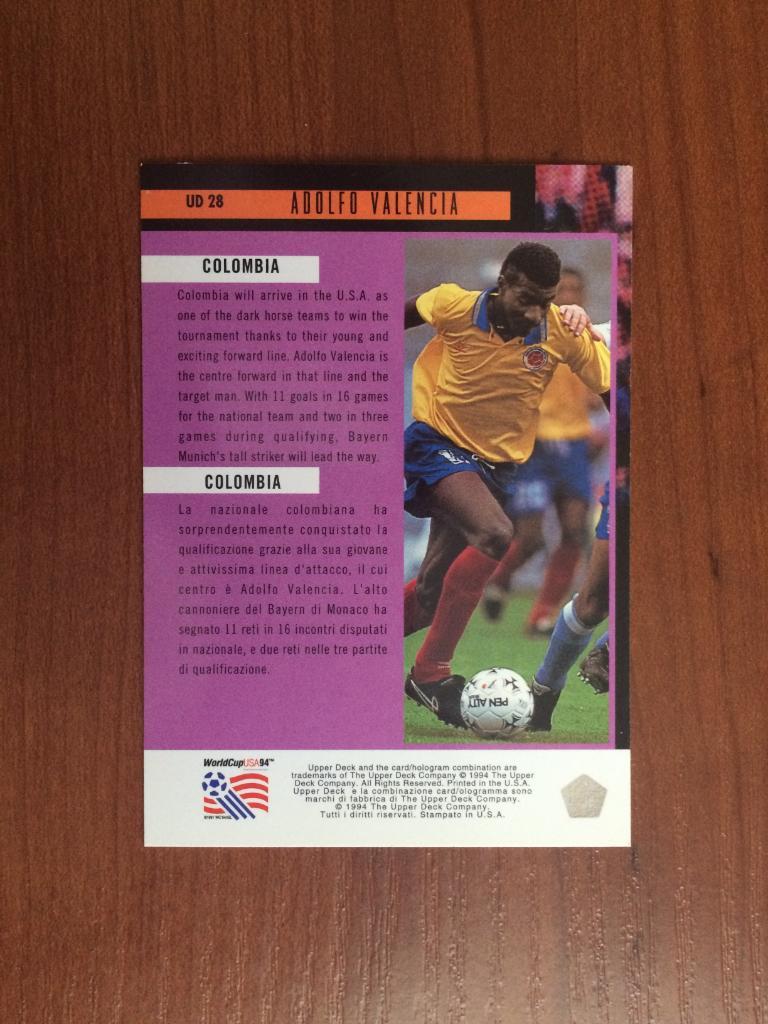 Карточка Upper Deck World Cup USA 1994 Adolfo Valencia № UD28 1