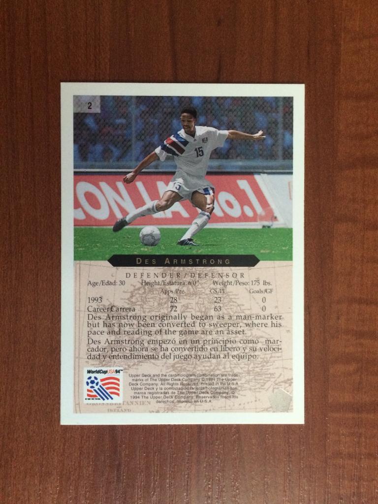 Карточка 1994 Upper Deck World Cup English/Spanish Des Armstrong № 2 1