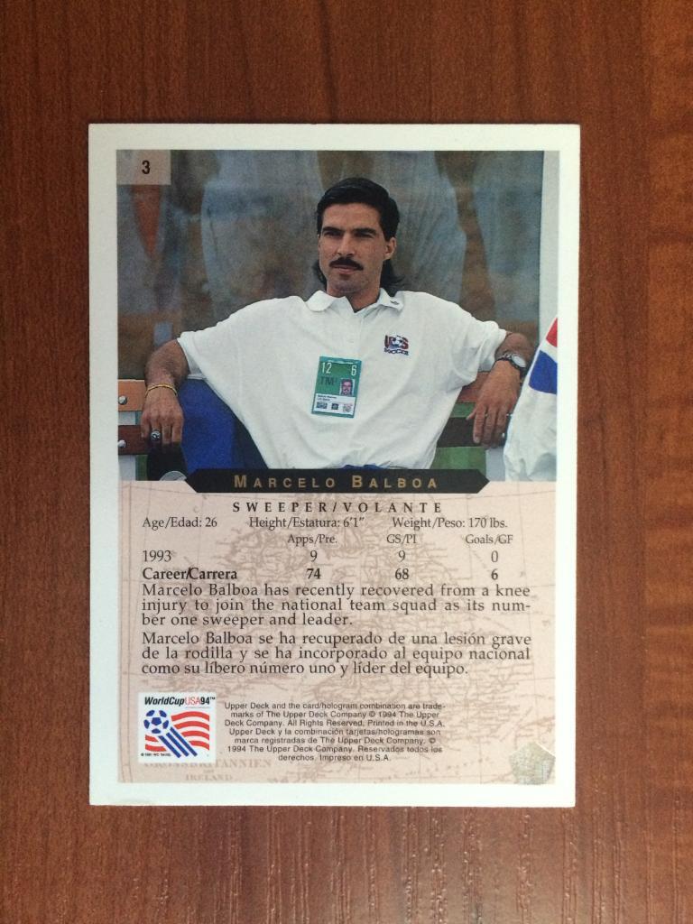 Карточка 1994 Upper Deck World Cup English/Spanish Marcelo Balboa № 3 1