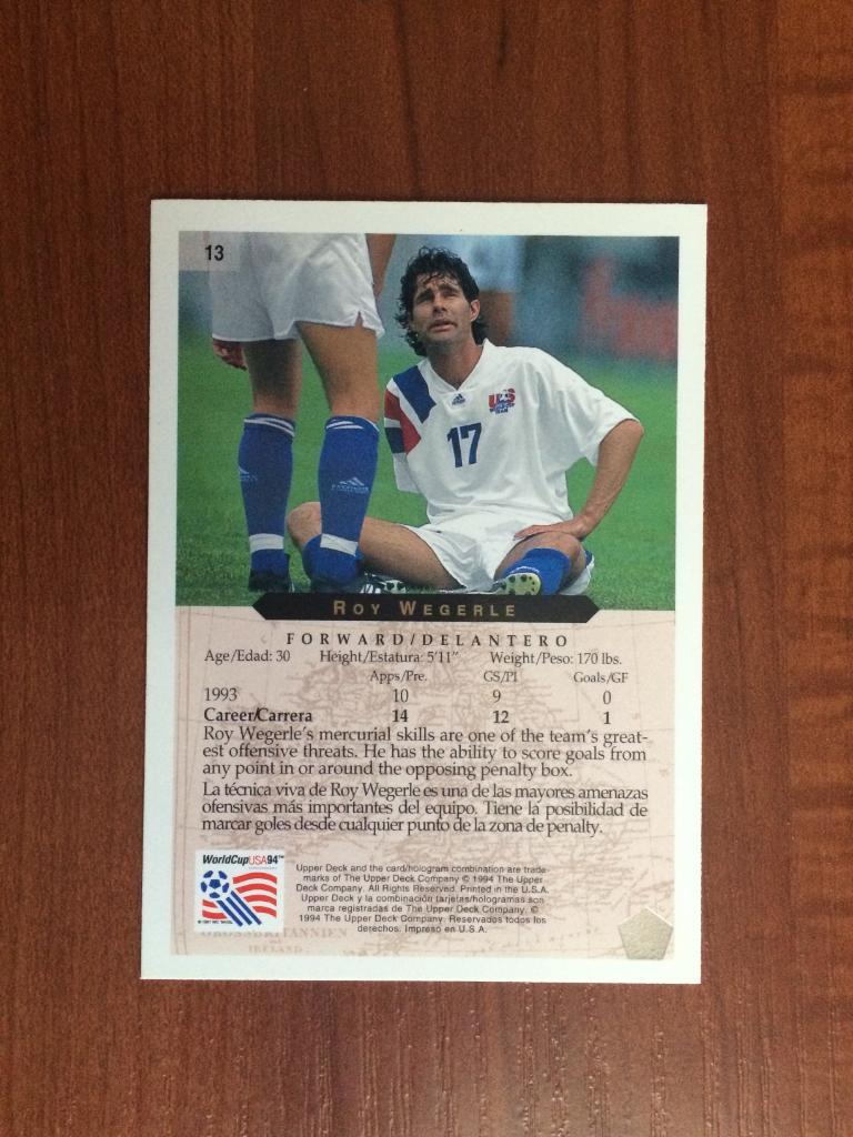 Карточка 1994 Upper Deck World Cup English/Spanish Roy Wegerle № 13 1