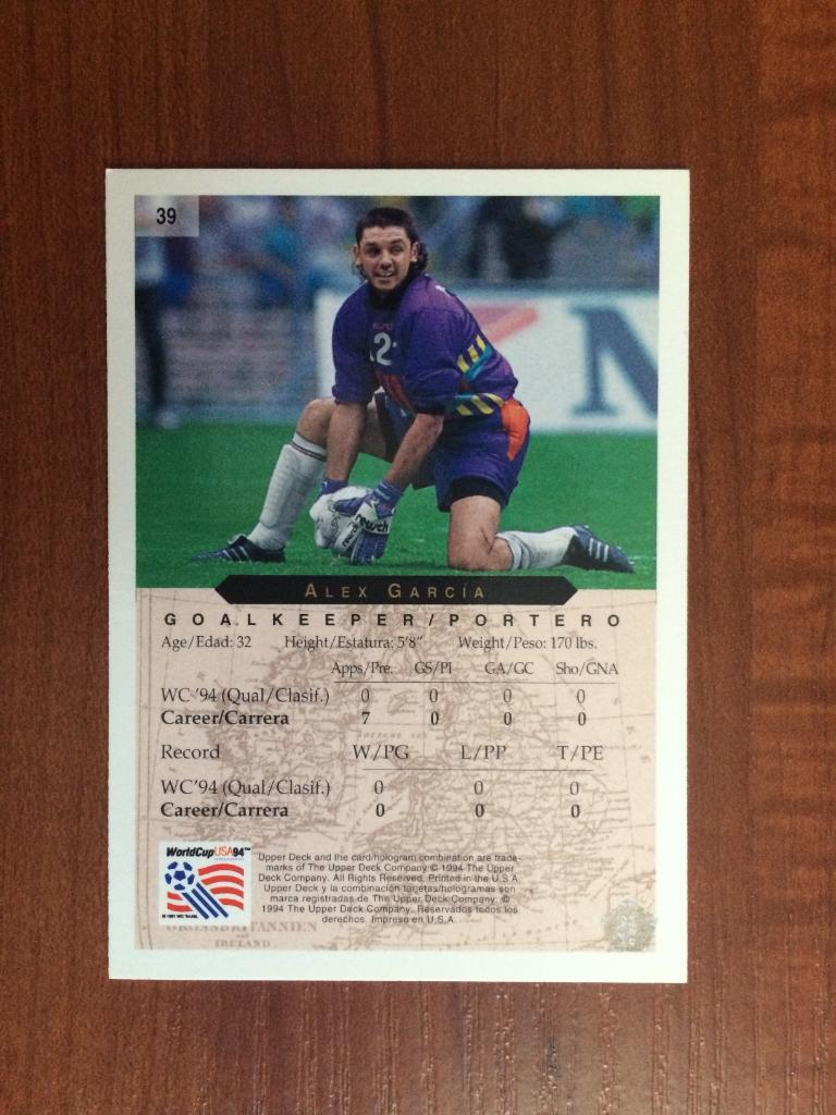 Карточка 1994 Upper Deck World Cup English/Spanish Alex Garcia № 39 1