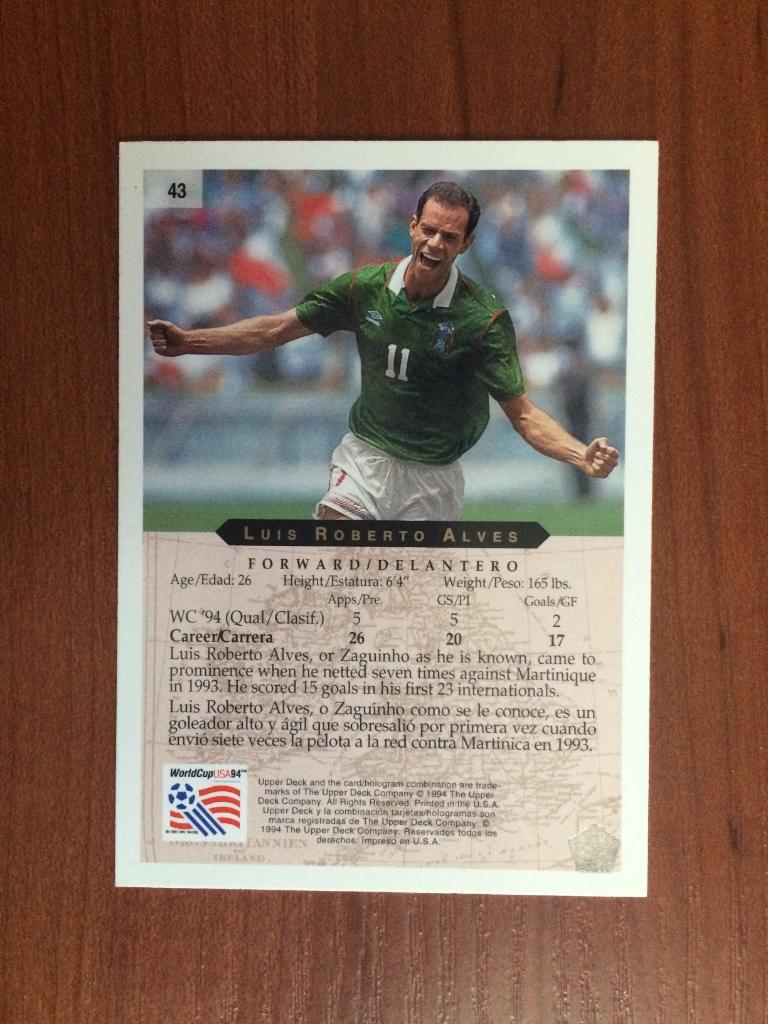 Карточка 1994 Upper Deck World Cup English/Spanish Luis Roberto Alves № 43 1