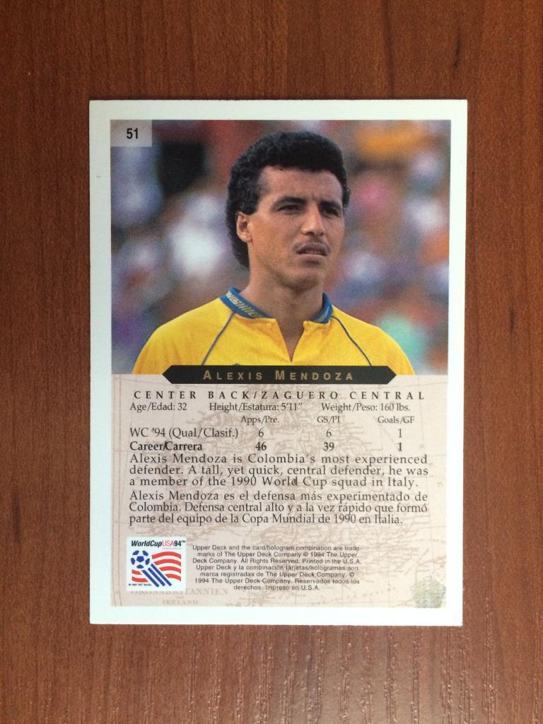 Карточка 1994 Upper Deck World Cup English/Spanish Alexis Mendoza № 51 1