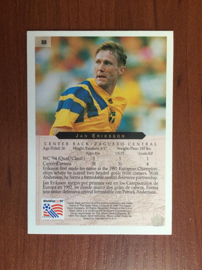 Карточка 1994 Upper Deck World Cup English/Spanish Jan Eriksson № 88 1