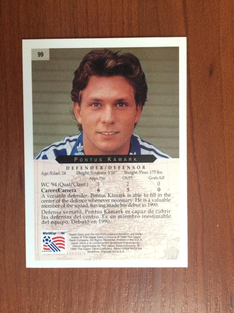 Карточка 1994 Upper Deck World Cup English/Spanish Pontus Kamark № 99 1